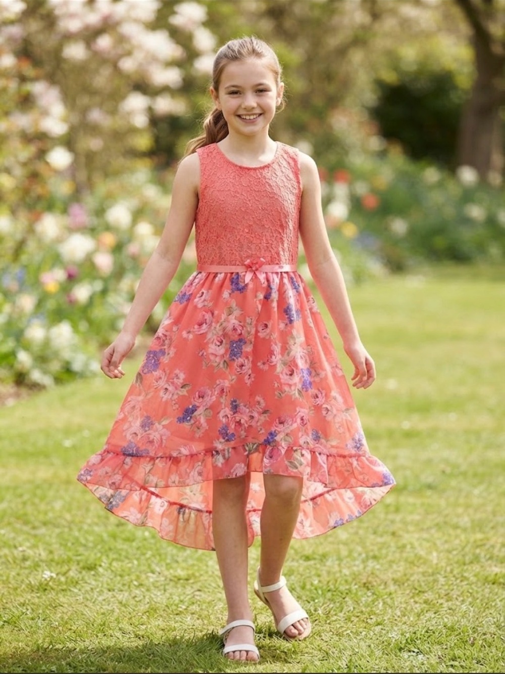 Pink & Violet Coral Floral Lace High-Low Dress Size XL 14/16
